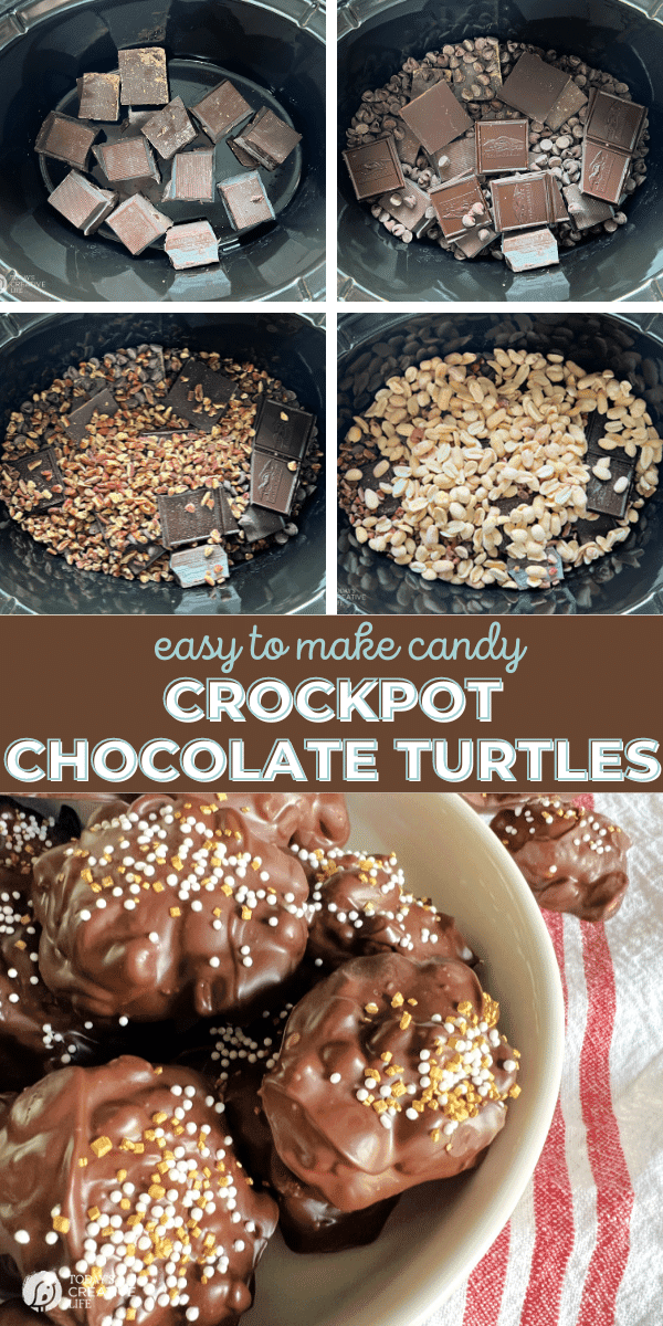 photo collage of crockpot candy peanut clusters.